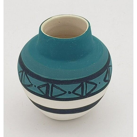 Handmade Pottery Mini Vase 2.5" Teal, Black, & White Design, unsigned - Picture 4 of 5